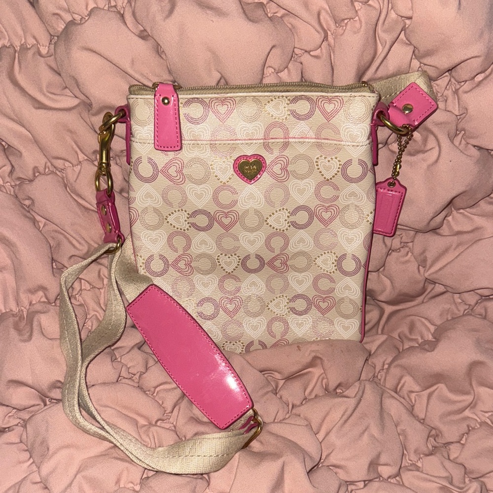 Pink and Cream Heart Pattern Coach Crossbody Bag